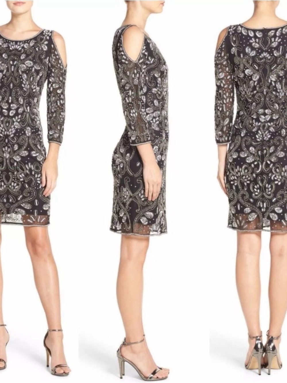 Pisarro Nights Black Cold Shoulder Long-Sleeve Embellish Sequin Dress Formal 10